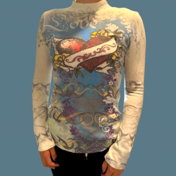 Fabulous Rare Vintage Love Heart Graphic Design Mock Neck Long Sleeve Sweater - Picture 2 of 9